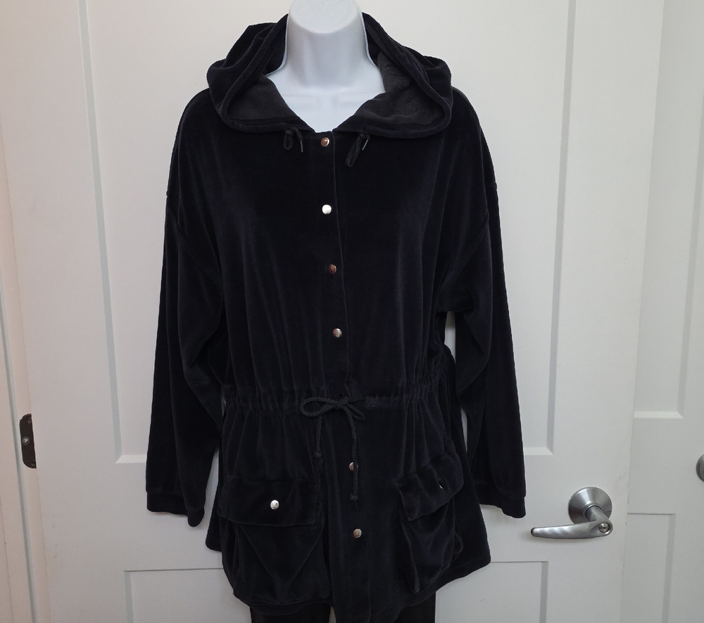 Black Hooded Velvet Drawstring Jacket - Picture 2 of 4
